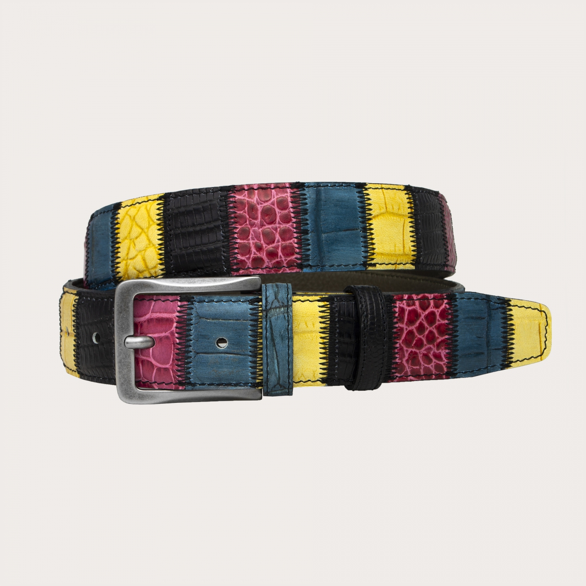 Exklusiver mehrfarbiger Patchwork-Gürtel aus bedrucktem Leder, Fuchsia, Blaugrün, Mimose