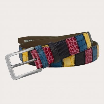 Exclusive multicolor patchwork belt in printed leather, fuchsia, teal, mimosa