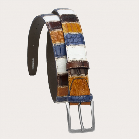 Casual nickel free patchwork belt in hand-colored, multicolor leather