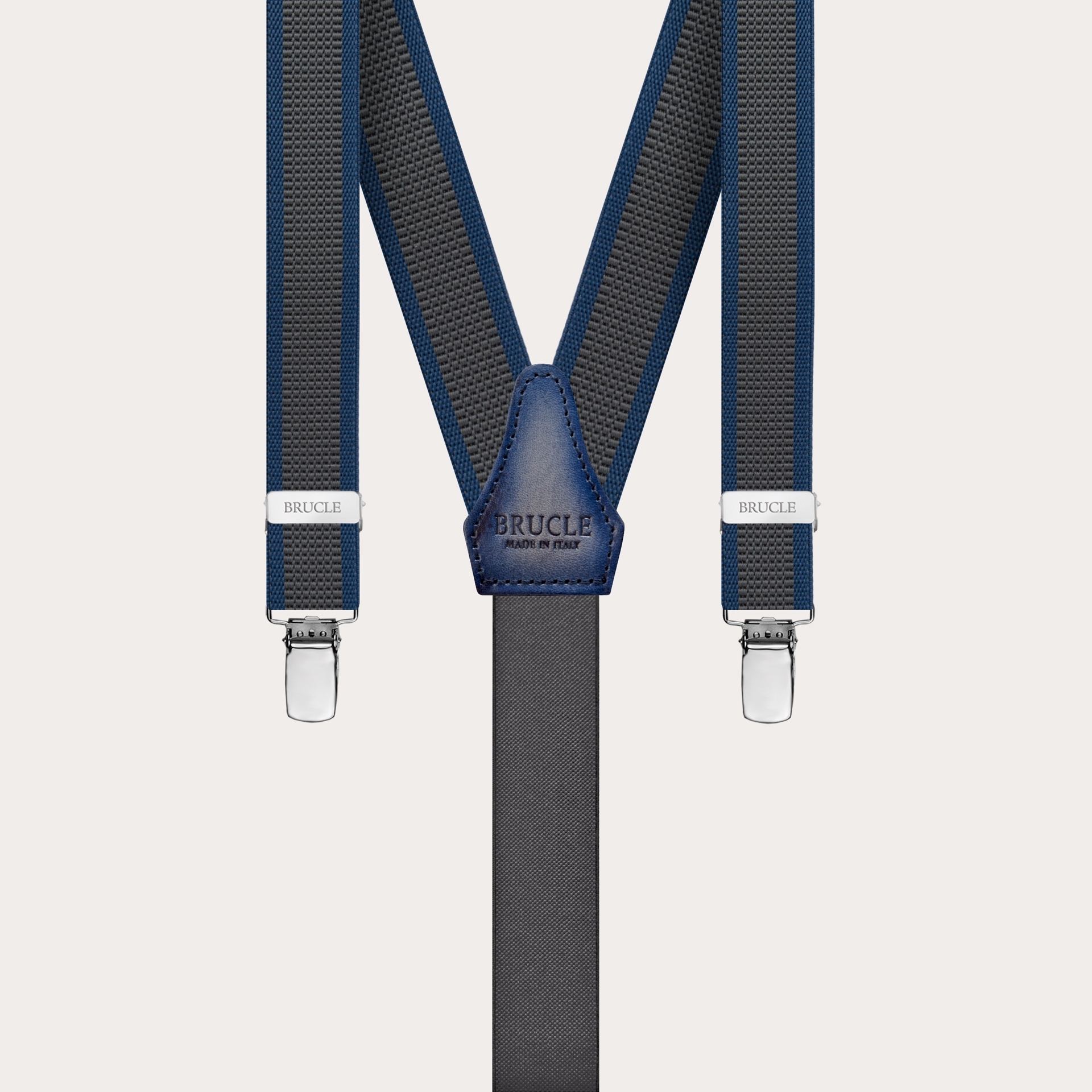 Thin nickel free suspenders with side bands, grey and blue