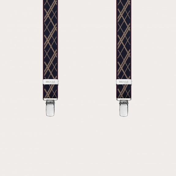 BRUCLE Classic nickel free thin suspenders with geometric pattern, navy blue