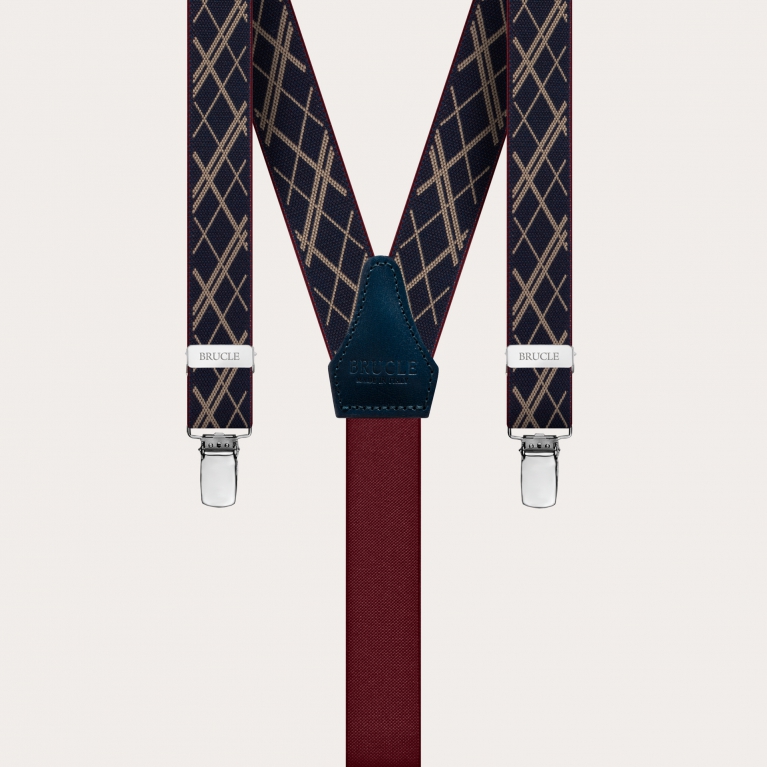 Classic nickel free thin suspenders with geometric pattern, navy blue