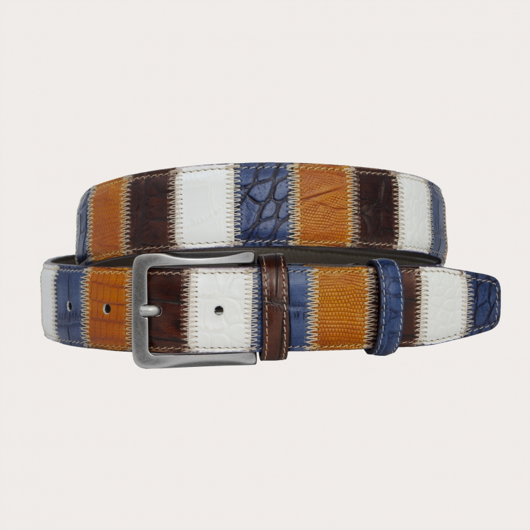 Casual nickel free patchwork belt in hand-colored multicolor leather