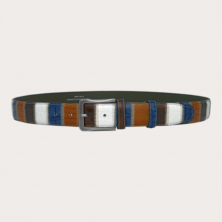 Casual nickel free patchwork belt in hand-colored multicolor leather