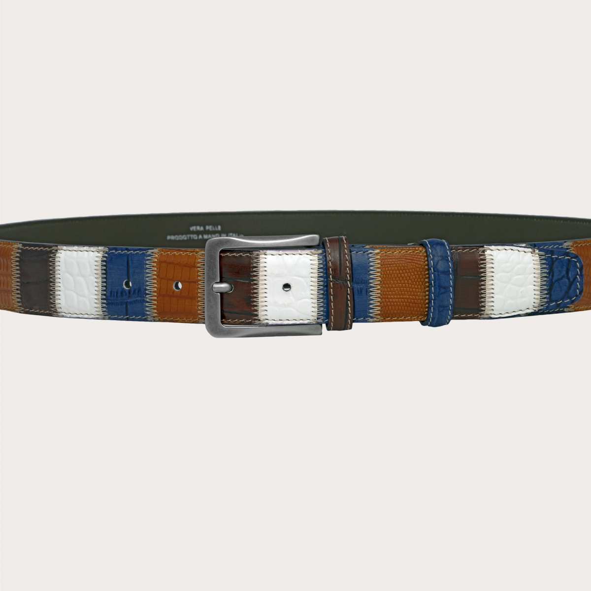 Cinturón informal patchwork sin níquel en piel multicolor teñida a mano