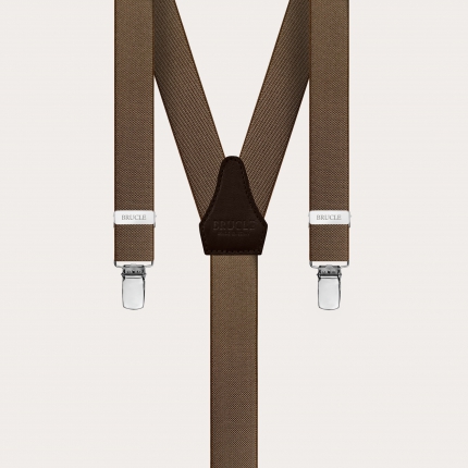 Skinny Y-shape elastic suspenders with clips, brown
