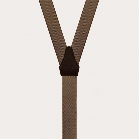 Skinny Y-shape elastic suspenders with clips, brown