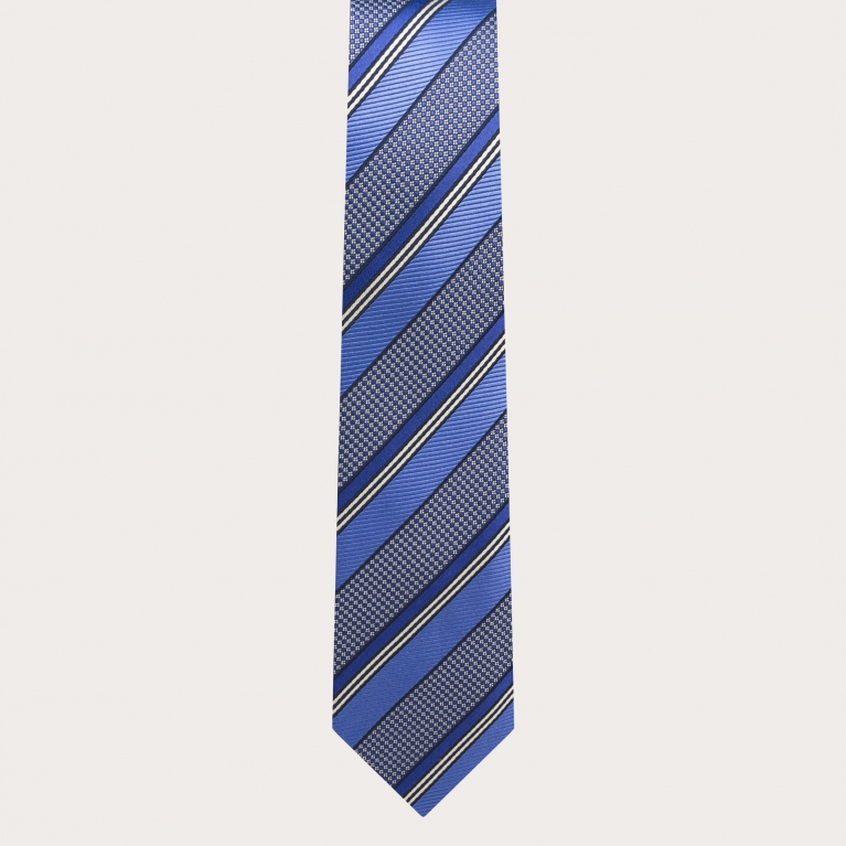 Narrow ceremony tie in jacquard silk with blue regimental pattern