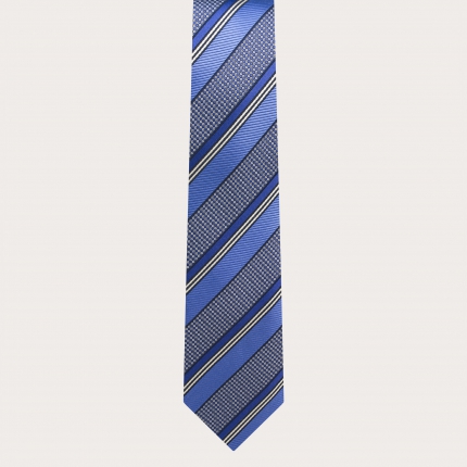 Narrow ceremony tie in jacquard silk with blue regimental pattern