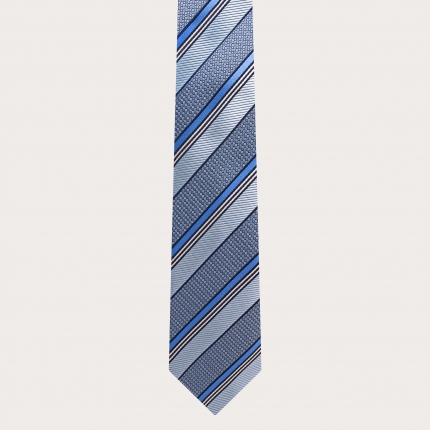 Narrow ceremony tie in jacquard silk with light blue regimental pattern