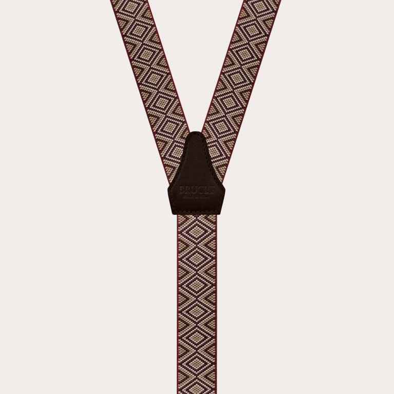 Skinny Y-shape elastic suspenders with clips, bordeaux with diamond pattern