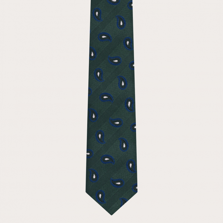 Green men's tie with blue paisley pattern