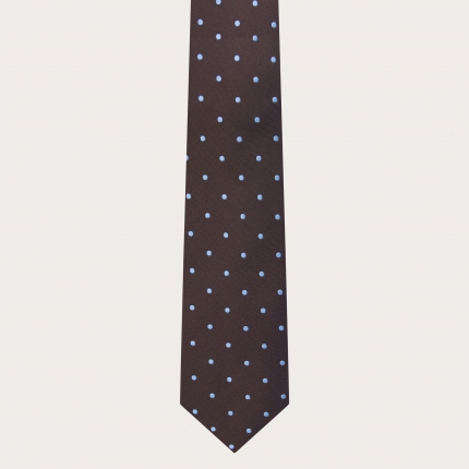 Corbata elegante marrón con estampado de puntos azul claro