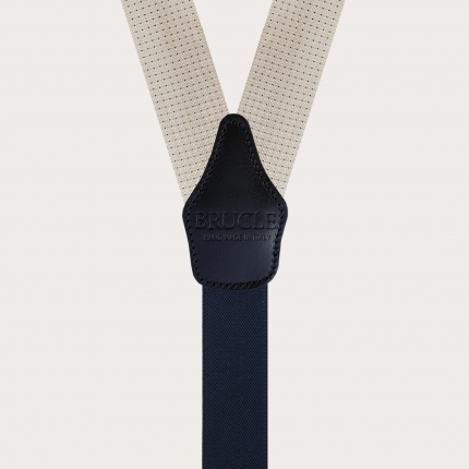 Men's suspenders in silk, ivory and blue squares pattern