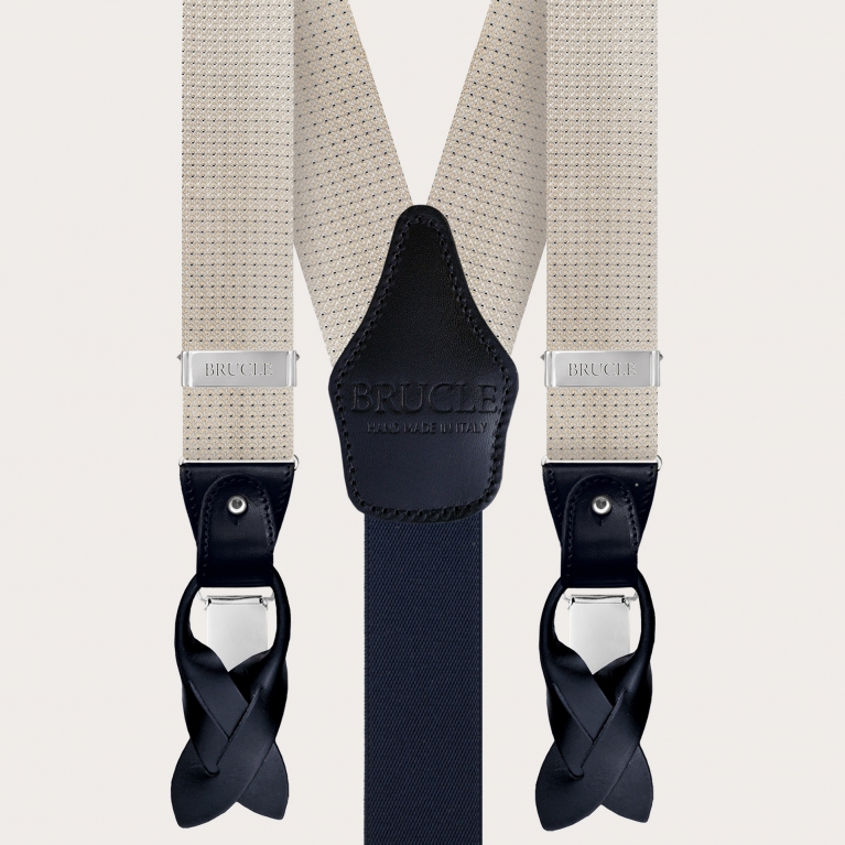 Men's suspenders in silk, ivory and blue squares pattern