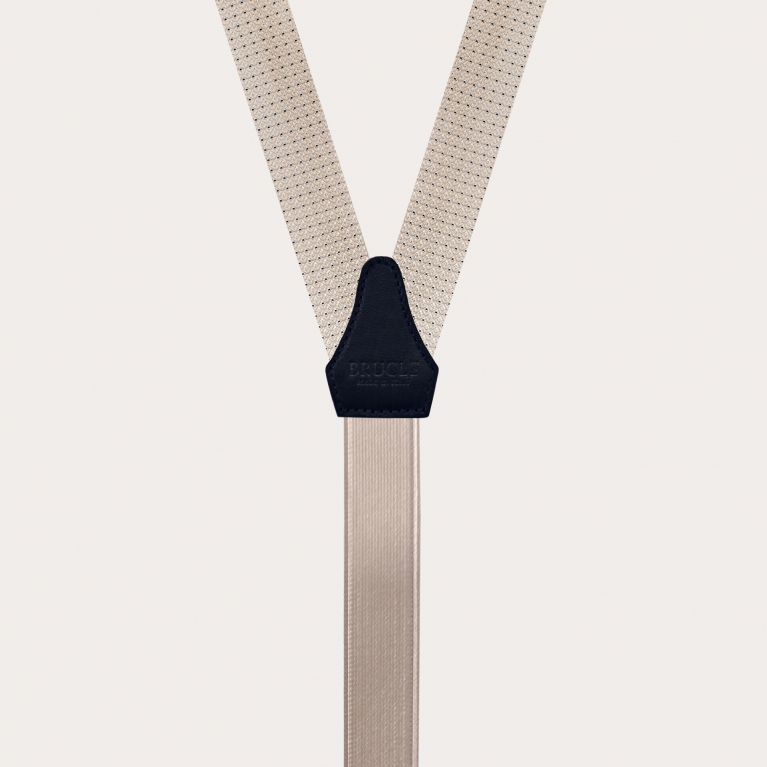Narrow suspenders in silk, ivory with blue micro-pattern