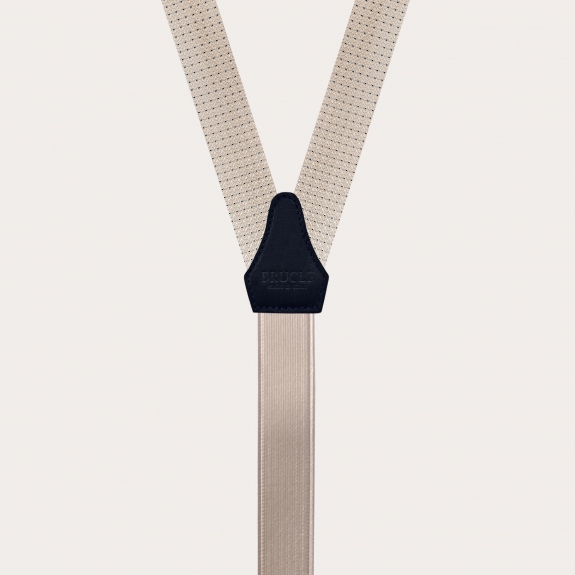 BRUCLE Narrow suspenders in silk, ivory with blue micro-pattern