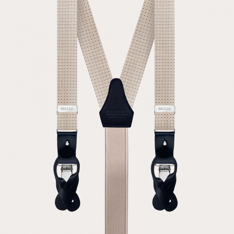 Narrow suspenders in silk, ivory with blue micro-pattern