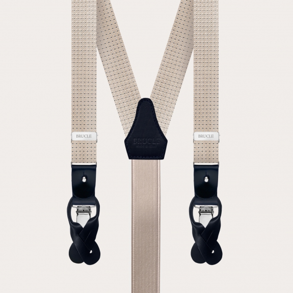 BRUCLE Narrow suspenders in silk, ivory with blue micro-pattern