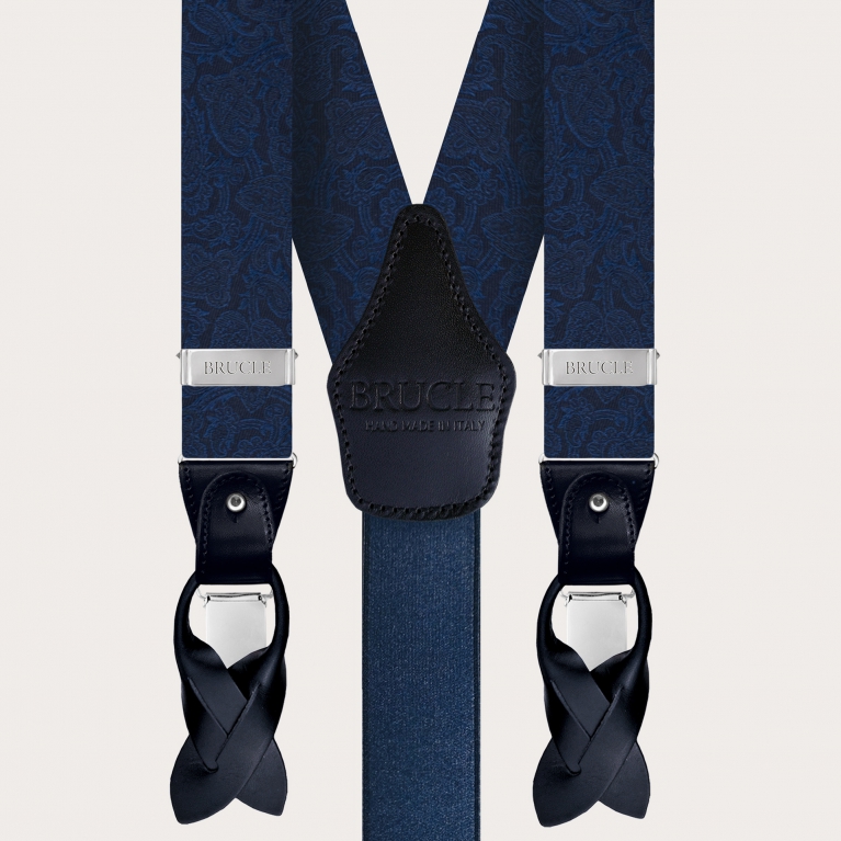 Formal Y-shape fabric suspenders in silk, blue paisley