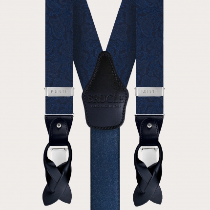 Formal Y-shape fabric suspenders in silk, blue paisley Color-Blue Size-120cm