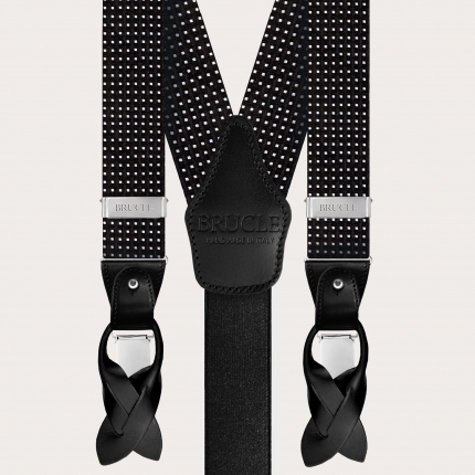 Elegant suspenders in jacquard silk, black with geometric dotted pattern