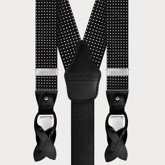 BRUCLE Elegant suspenders in jacquard silk, black with geometric dotted pattern