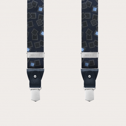 Suspenders in jacquard silk, navy blue with anthracite and light blue pattern