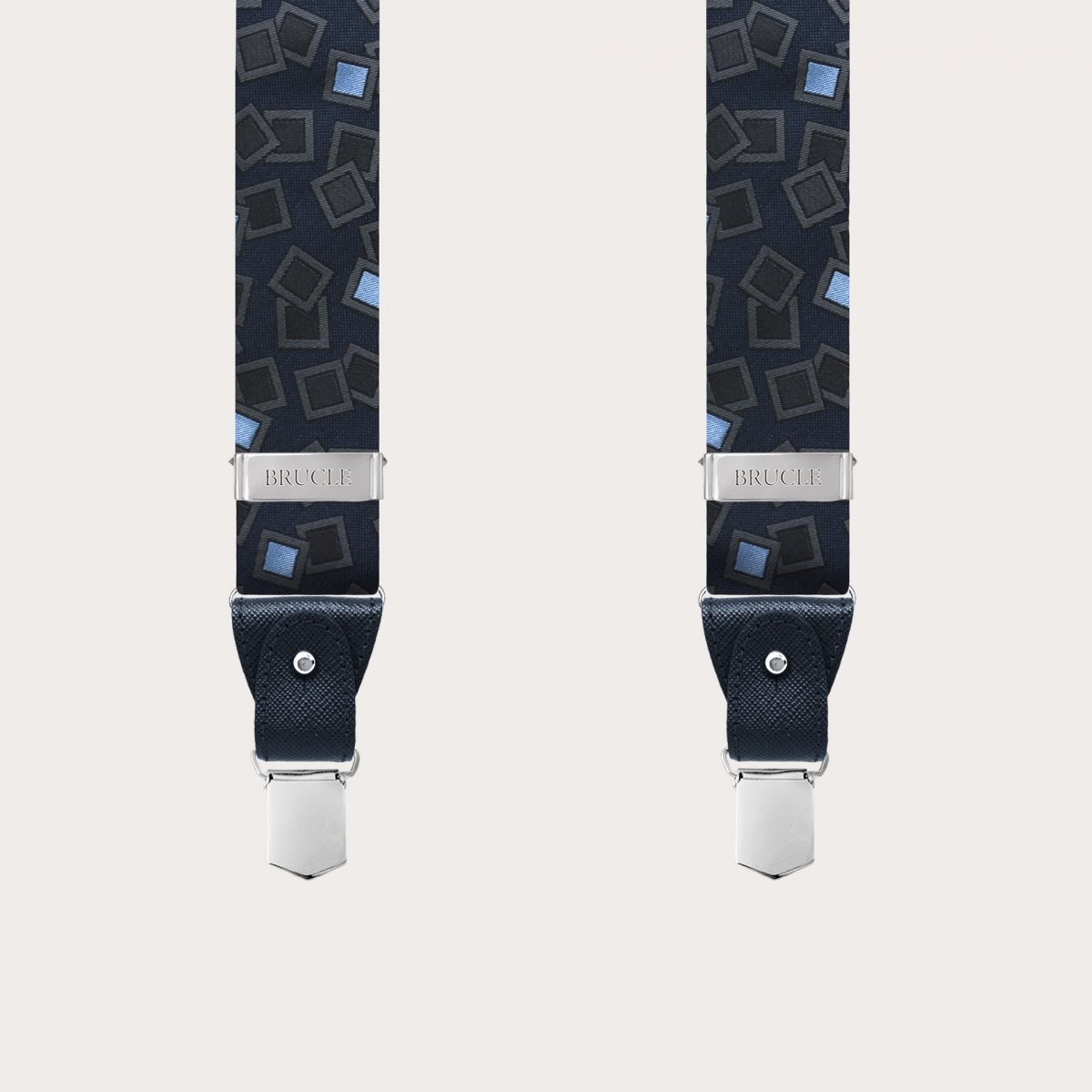 BRUCLE Hosenträger aus Jacquard-Seide, marineblau mit anthrazitfarbenem und hellblauem Muster