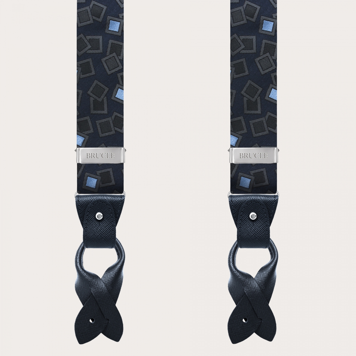 BRUCLE Suspenders in jacquard silk, navy blue with anthracite and light blue pattern