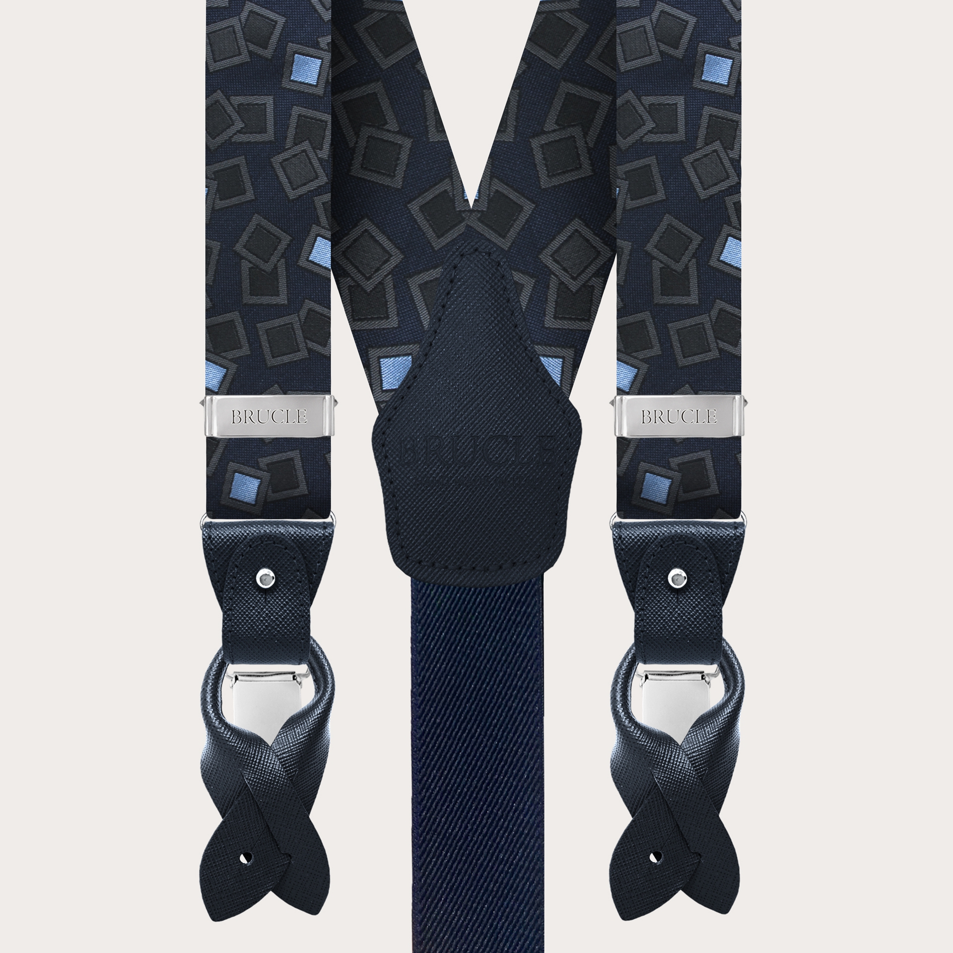 BRUCLE Suspenders in jacquard silk, navy blue with anthracite and light blue pattern