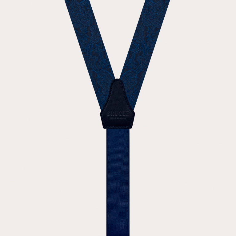 Formal Y-shape fabric skinny suspenders in silk, blue paisley