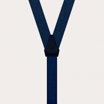Formal Y-shape fabric skinny suspenders in silk, blue paisley