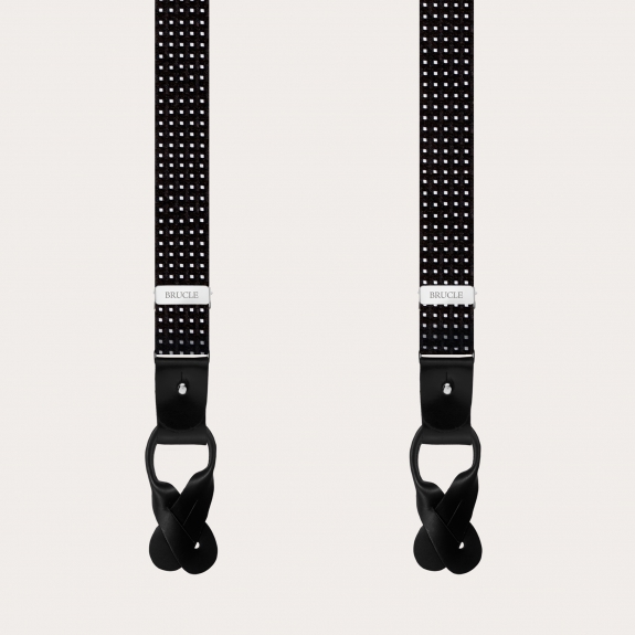 Formal Y-shape fabric skinny suspenders in silk, dotted black pattern