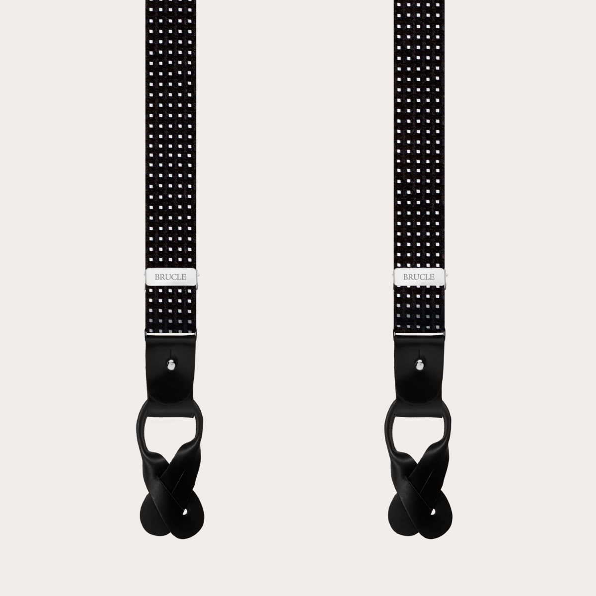 Bretelles larges en soie à motif noire à pois, usage à clip ou boutonniere