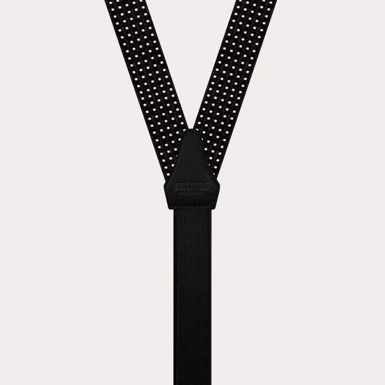 Formal Y-shape fabric skinny suspenders in silk, dotted black pattern