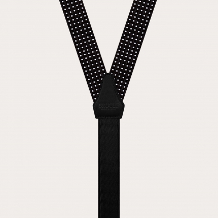 Bretelles fines en soie à motif noire à pois, usage à clip ou boutonniere