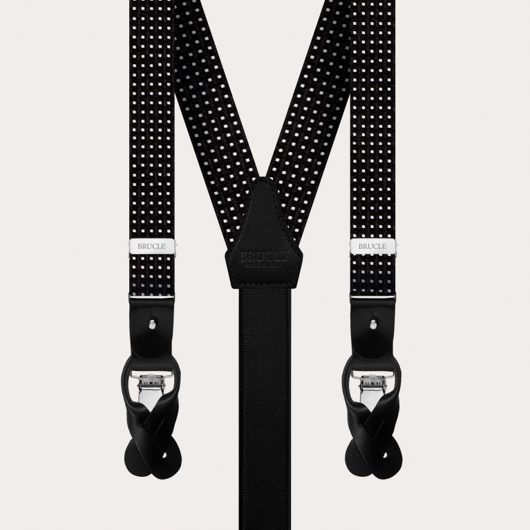 Formal Y-shape fabric skinny suspenders in silk, dotted black pattern