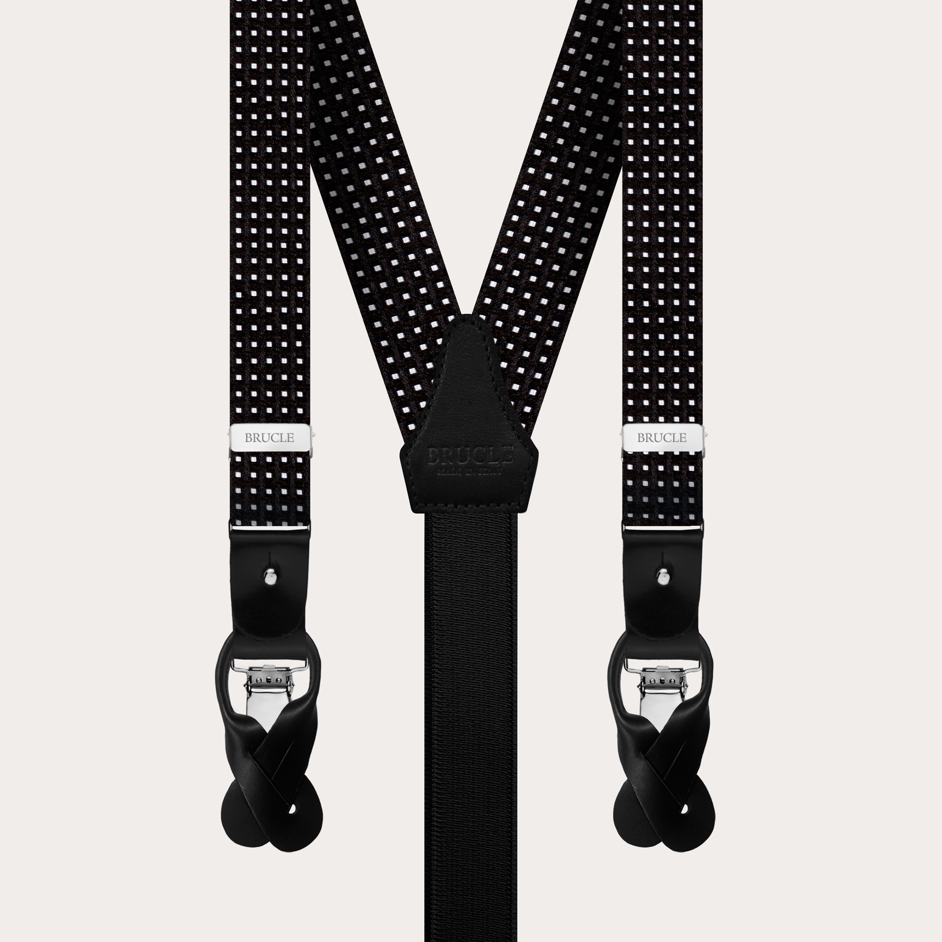 Bretelles larges en soie à motif noire à pois, usage à clip ou boutonniere