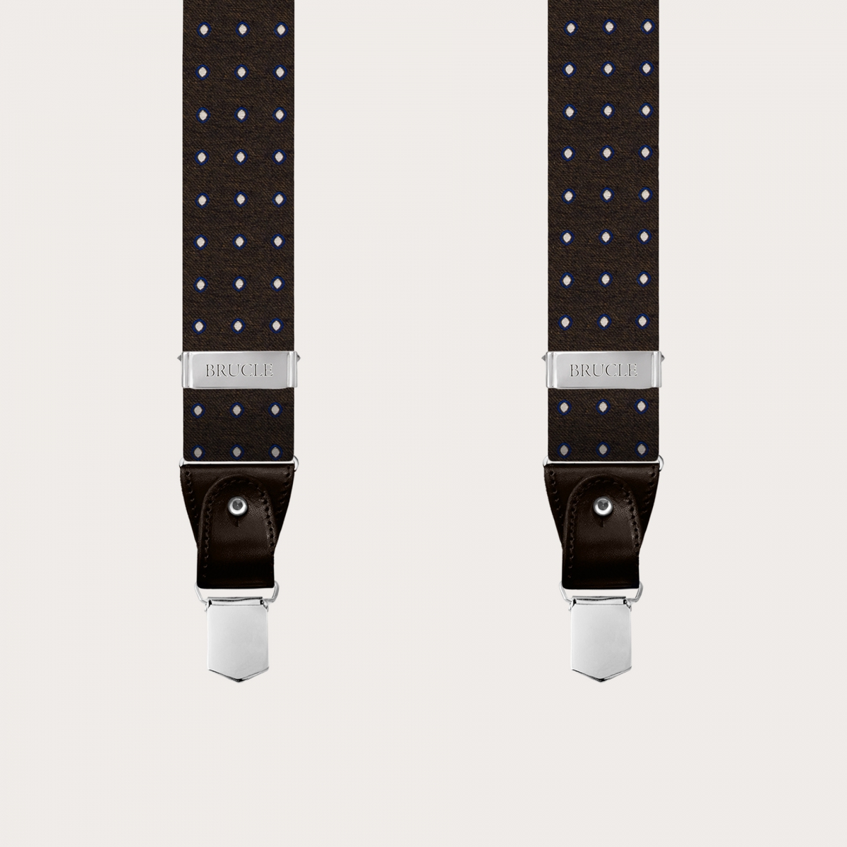 BRUCLE Men's suspenders in brown silk with polka dot pattern