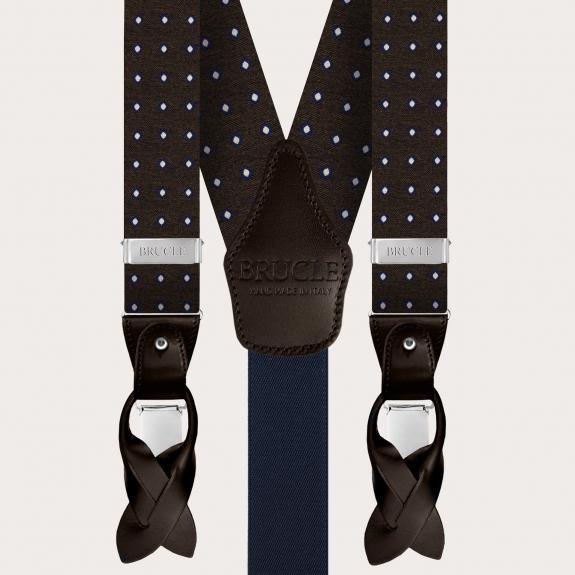 BRUCLE Men's suspenders in brown silk with polka dot pattern
