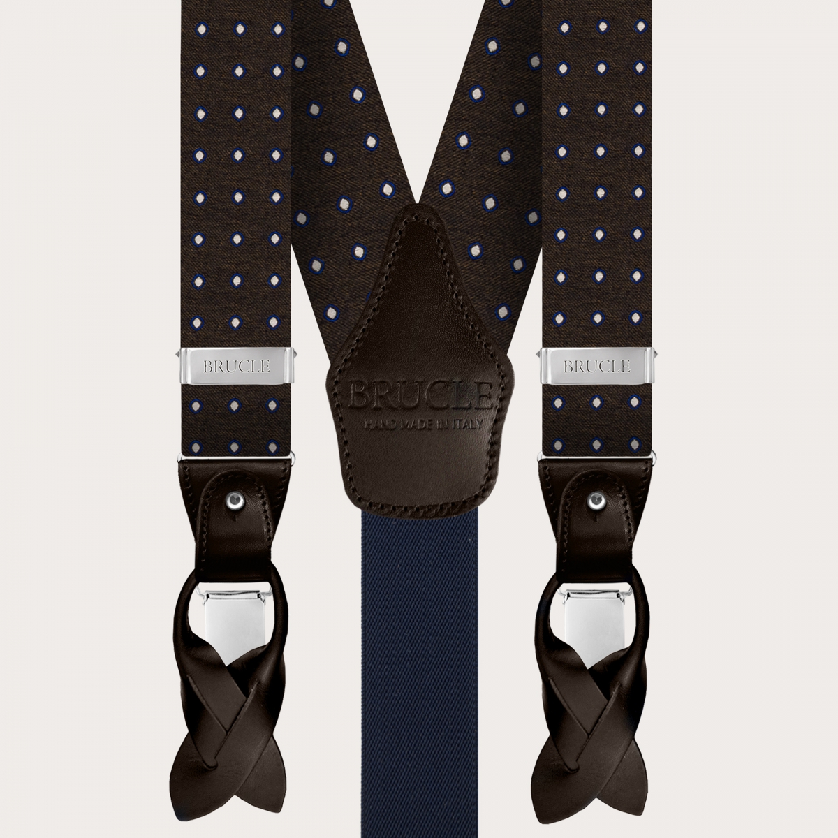 BRUCLE Bretelles homme en soie marron à motif pois