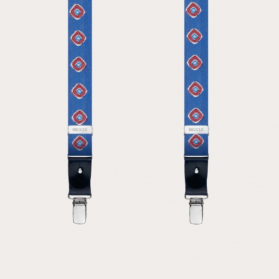 Formal Y-shape fabric skinny suspenders in silk, blue with red geometric pattern