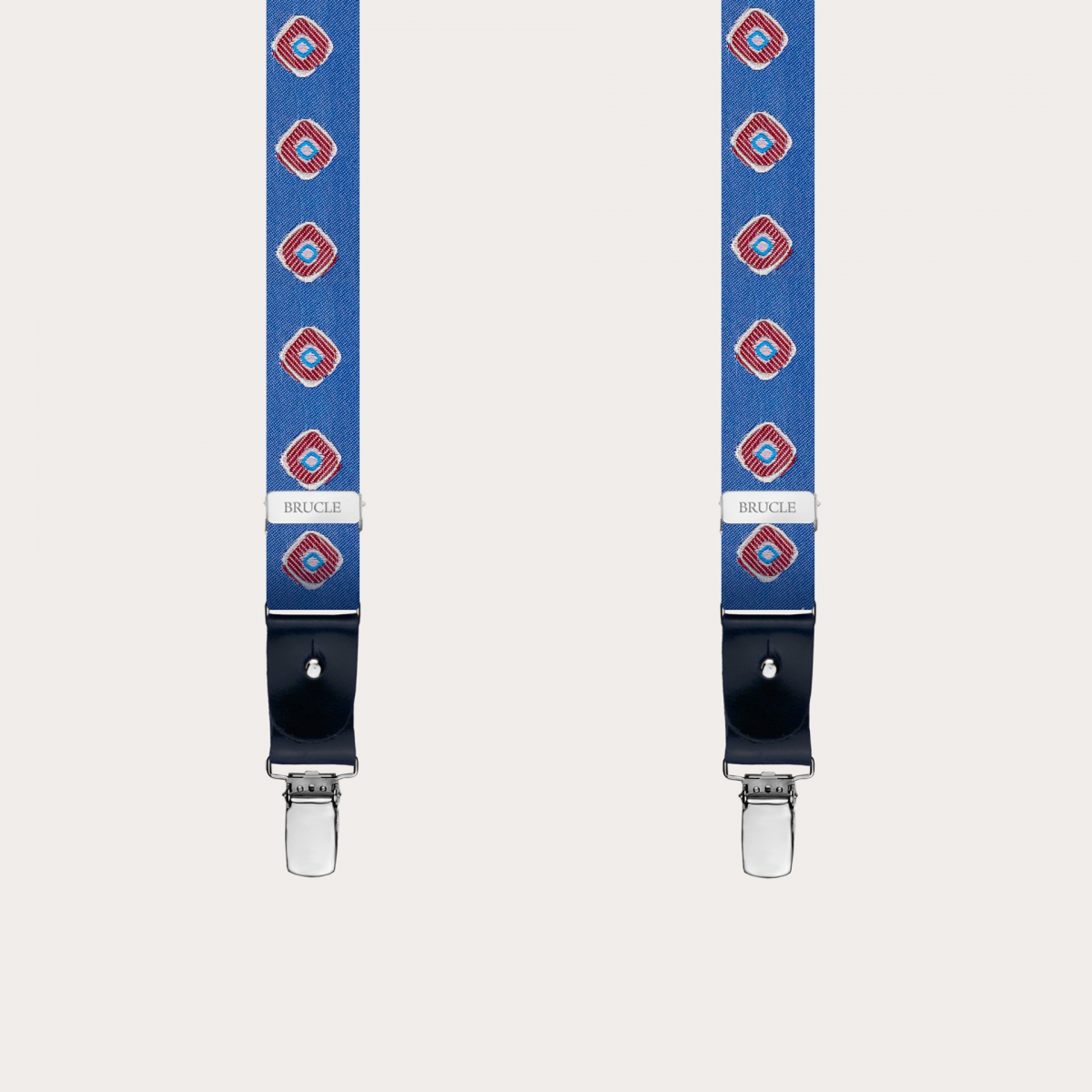 Bretelles fines en soie bleu avec motif géométrique rouge
