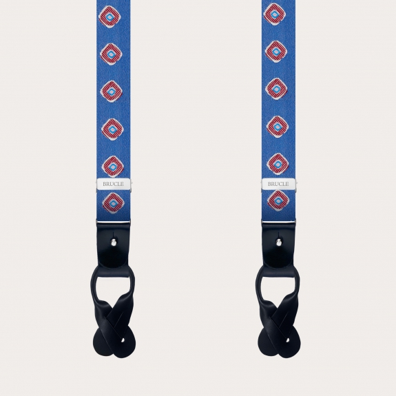 Bretelle strette in seta azzurra con fantasia geometrica rossa