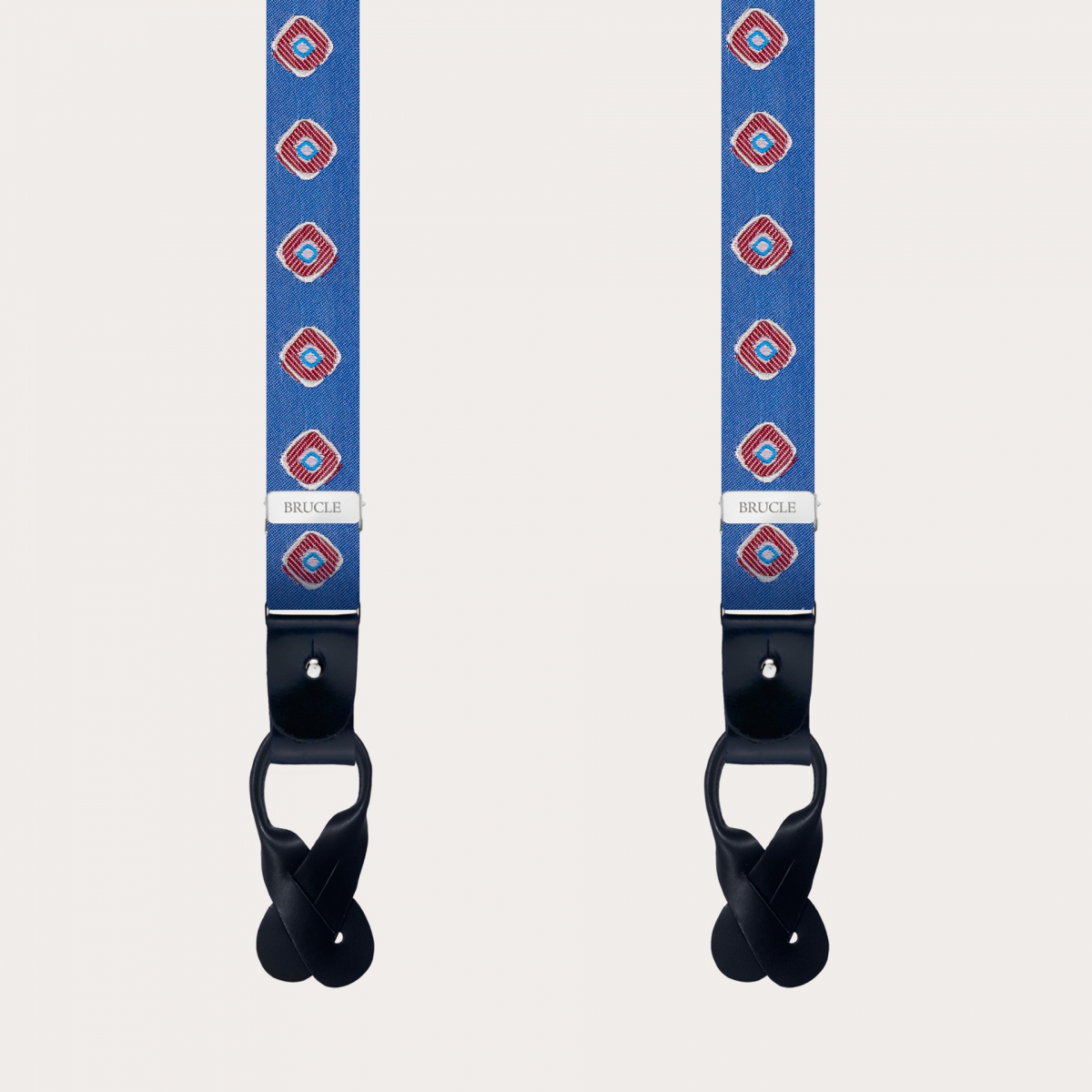 Bretelles fines en soie bleu avec motif géométrique rouge