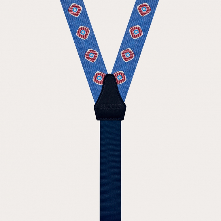 Formal Y-shape double use suspenders in silk, blue with red geometric pattern