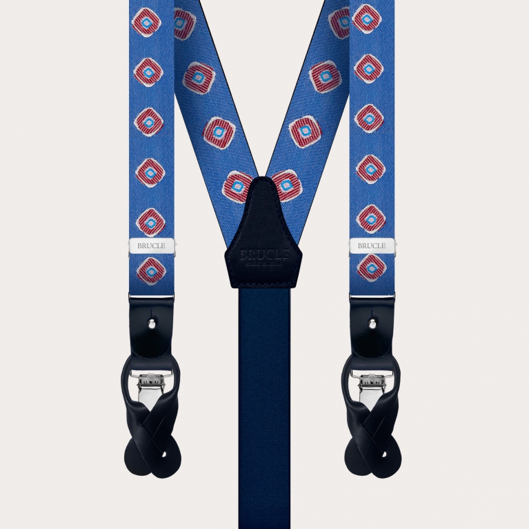 Formal Y-shape double use suspenders in silk, blue with red geometric pattern