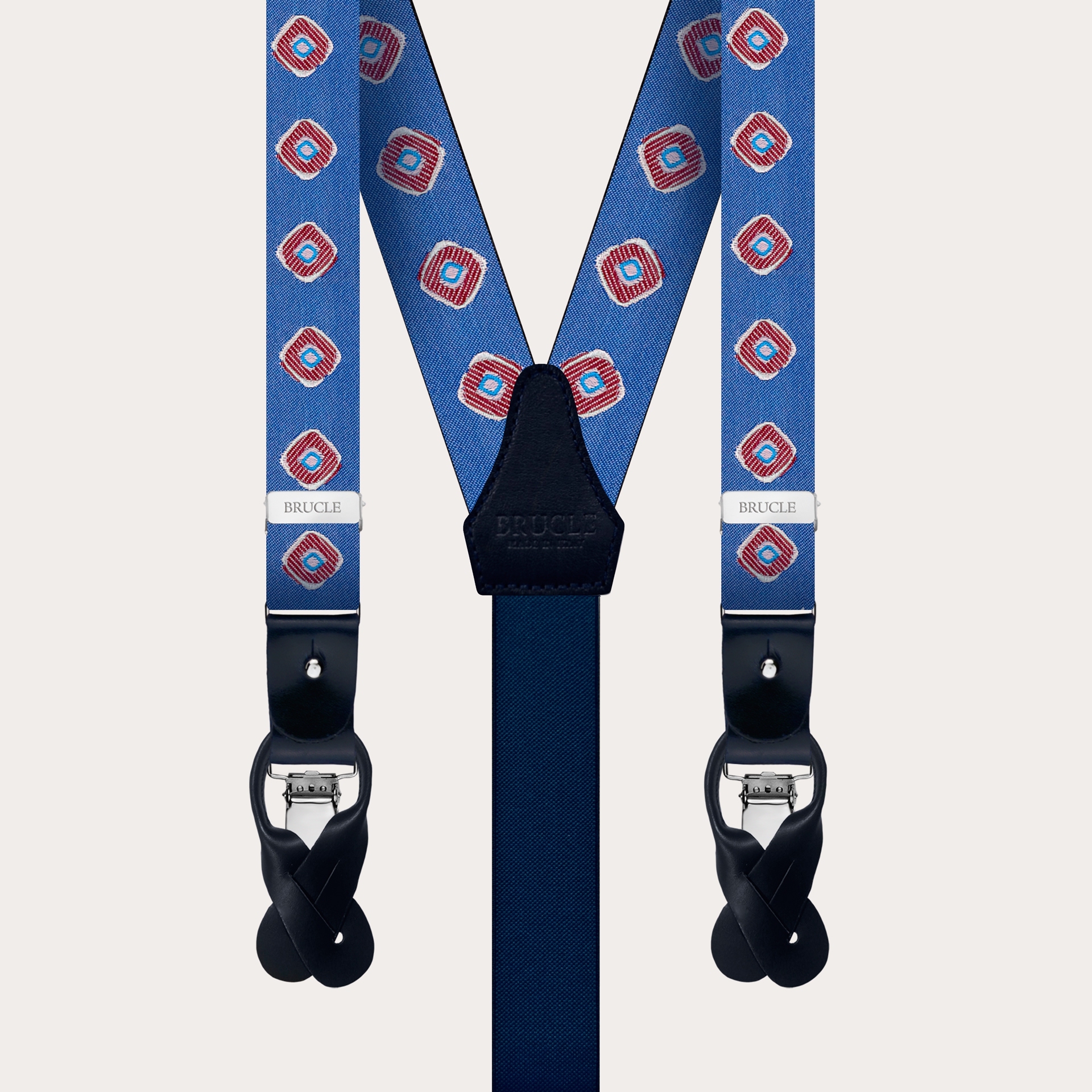 Hosenträger schmale aus seide, blau mit rotem geometrischem Muster