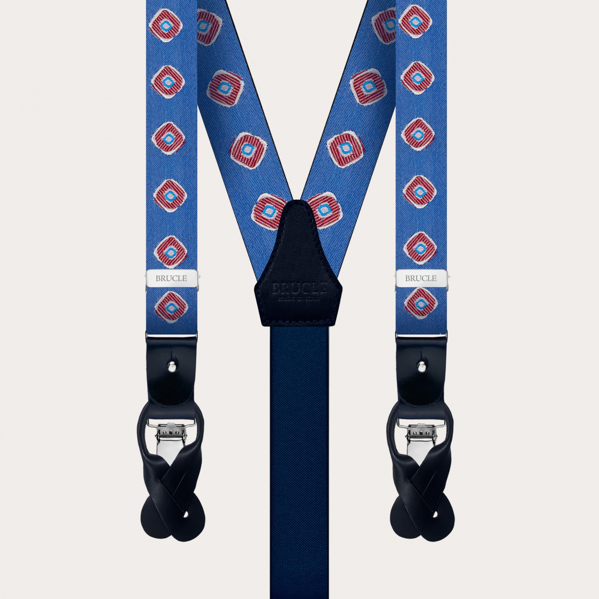 Tirantes en forma de Y en seda jacquard, azul claro con patrón de cuadrados